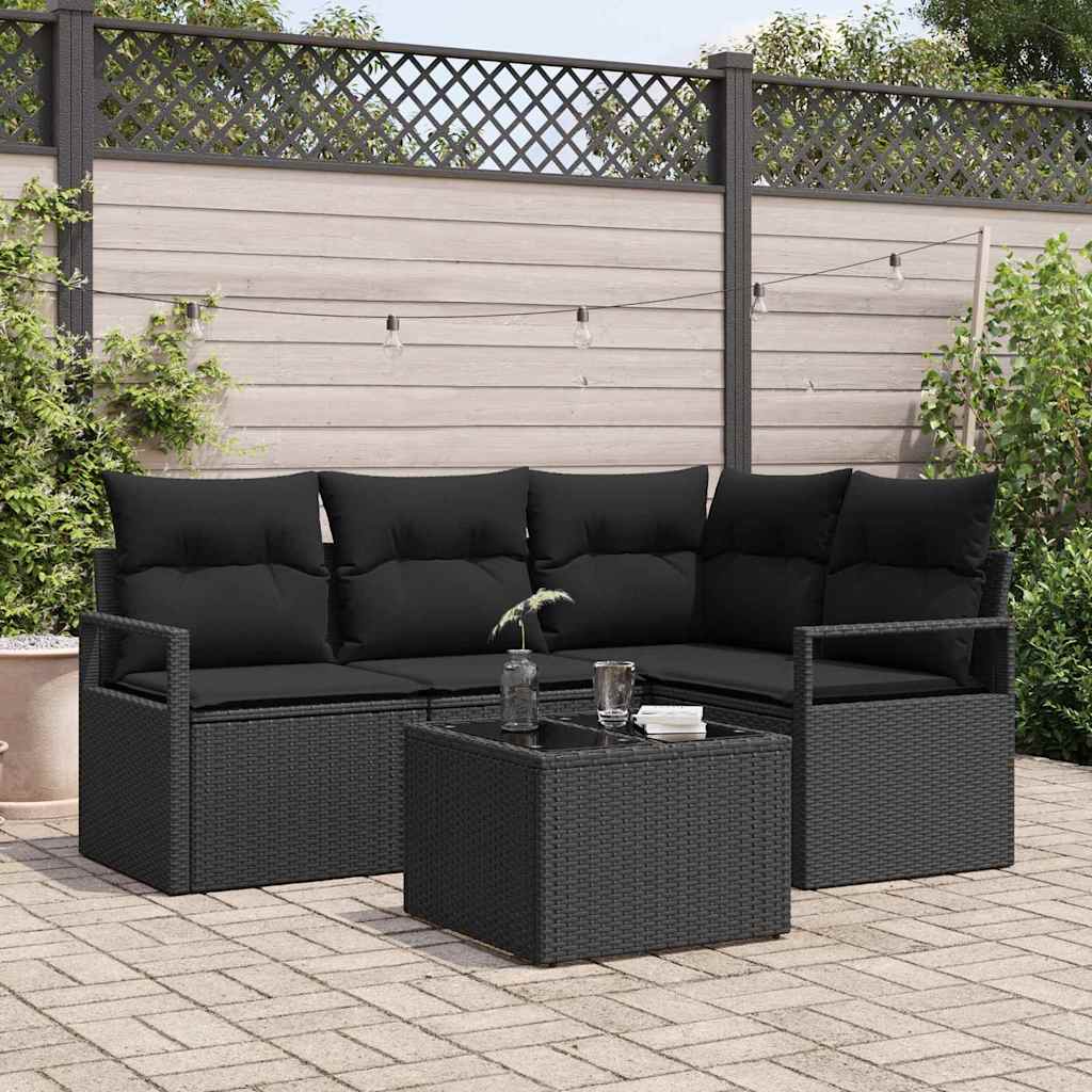 Bankstel met kussen met opslag 5 pcs Zwart poly rattan