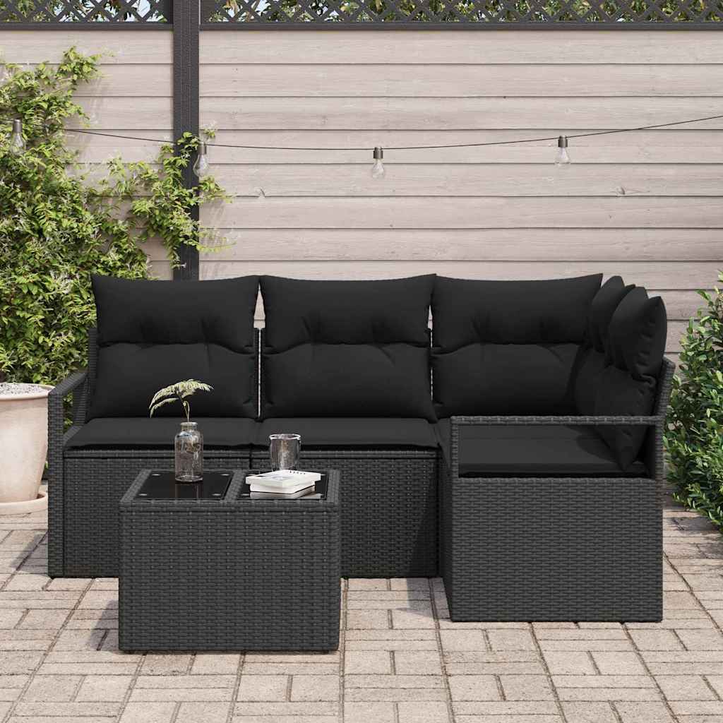 Bankstel met kussen met opslag 5 pcs Zwart poly rattan