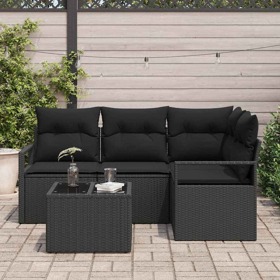 Bankstel met kussen met opslag 5 pcs Zwart poly rattan