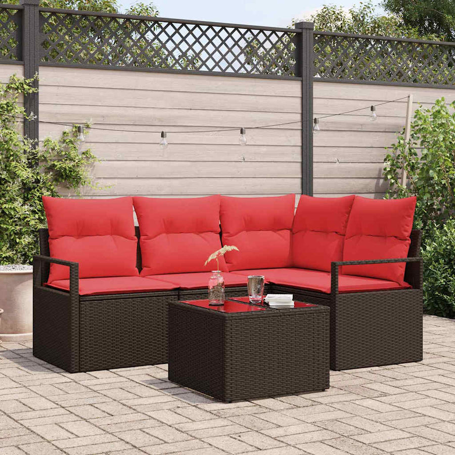 Tuinbankenset met kussen 5 pcs Bruin en Rood poly rattan