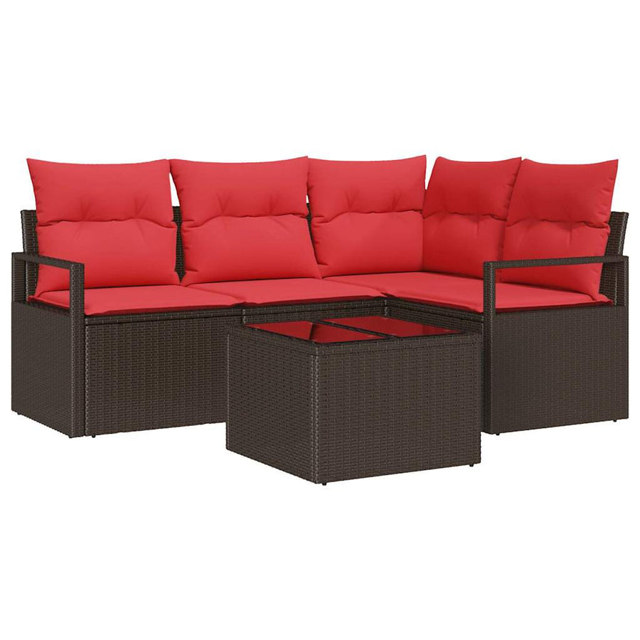 Tuinbankenset met kussen 5 pcs Bruin en Rood poly rattan
