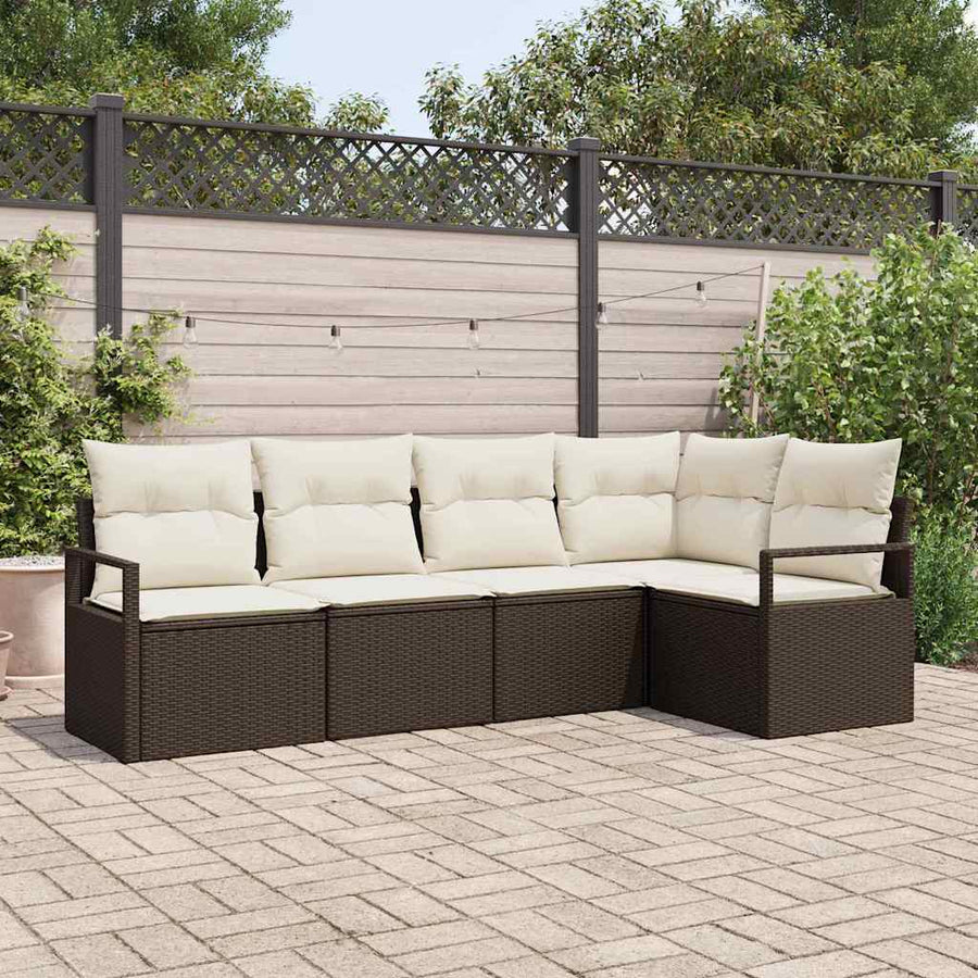 Tuinbankenset met kussen 5 pcs Bruin en wit poly rattan