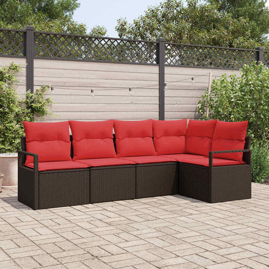 Tuinbankenset met kussen 5 pcs Bruin en Rood poly rattan