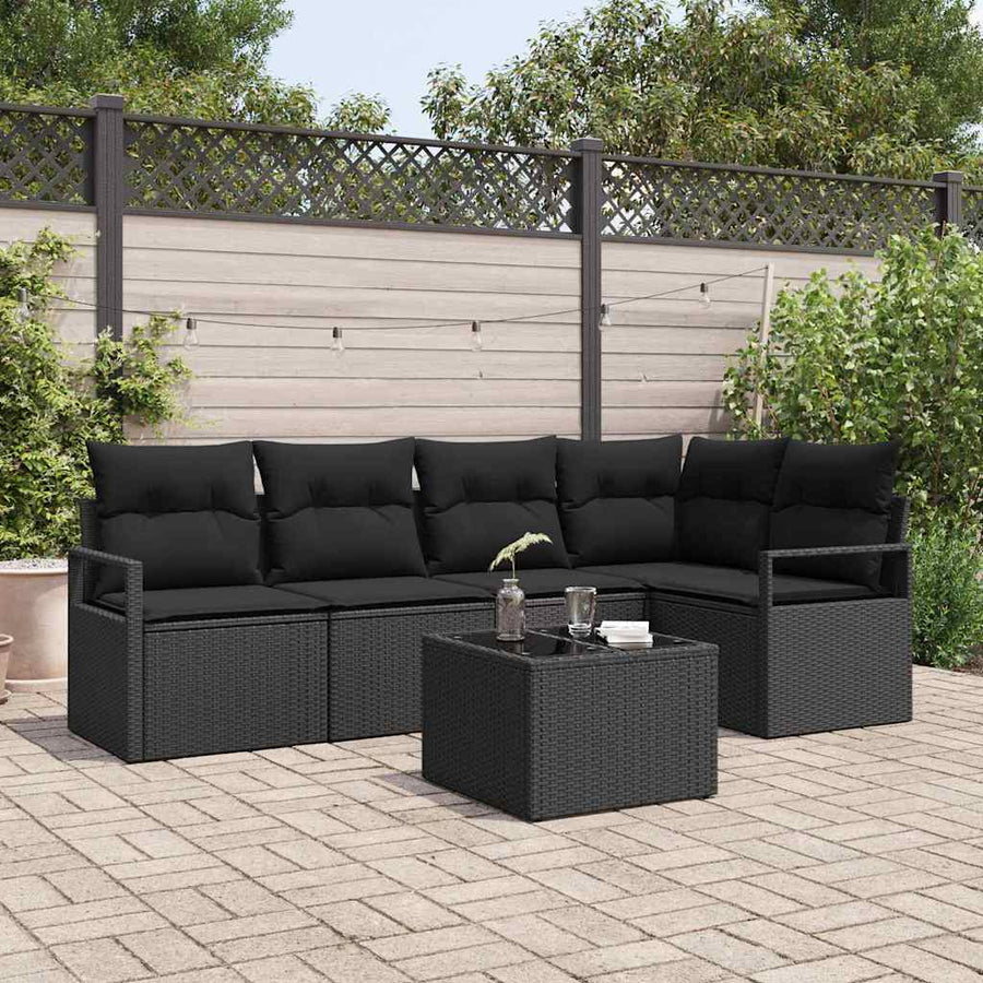 Tuinbankenset met kussen met opslag 6 pcs Zwart poly rattan