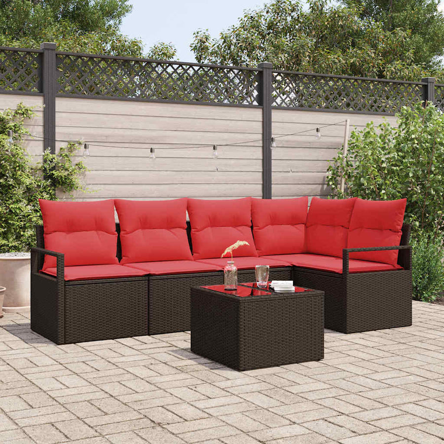 Tuinbankenset met kussen 6 pcs Bruin en Rood poly rattan