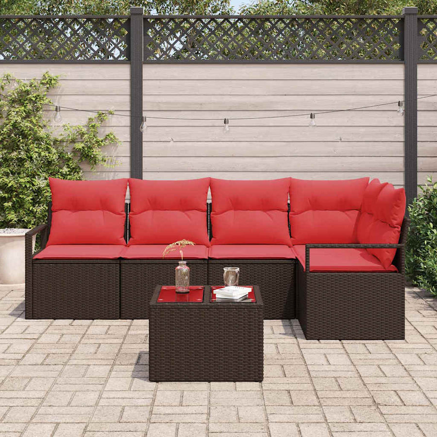 Tuinbankenset met kussen 6 pcs Bruin en Rood poly rattan