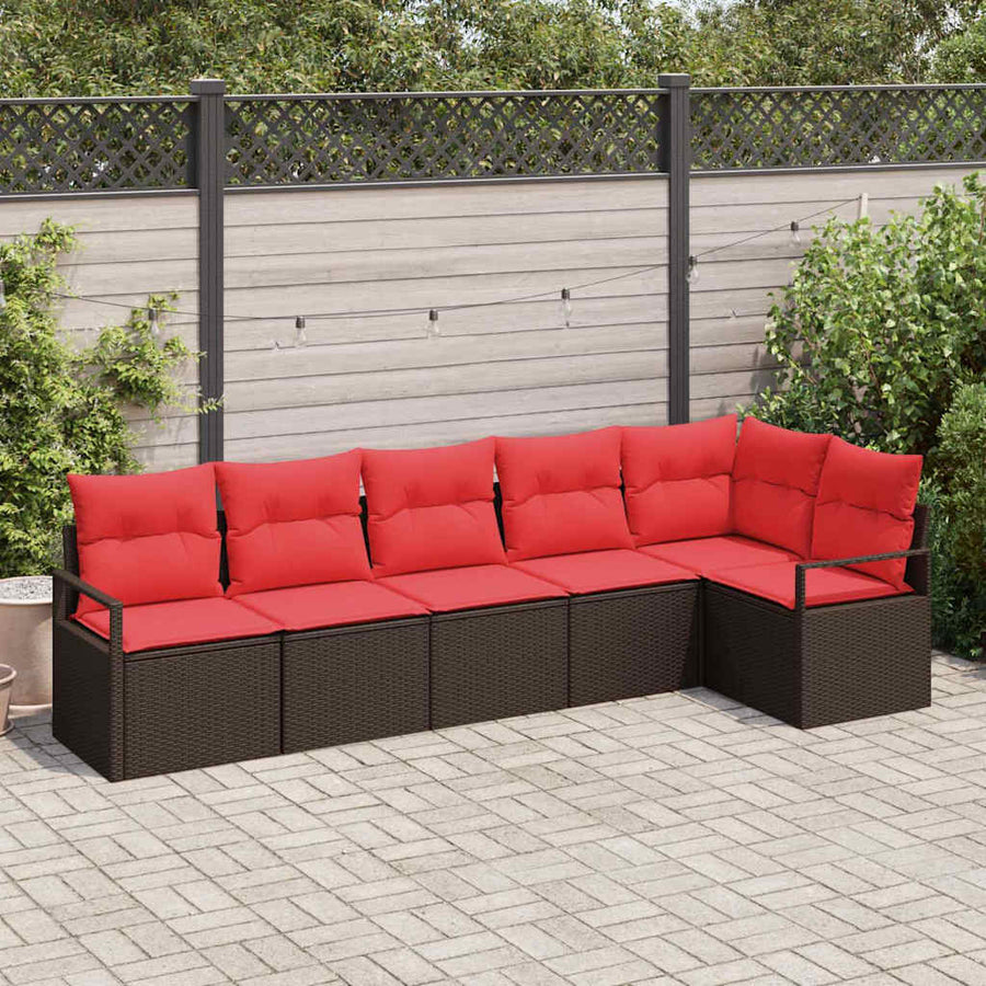 Tuinbankenset met kussen 6 pcs Bruin en Rood poly rattan