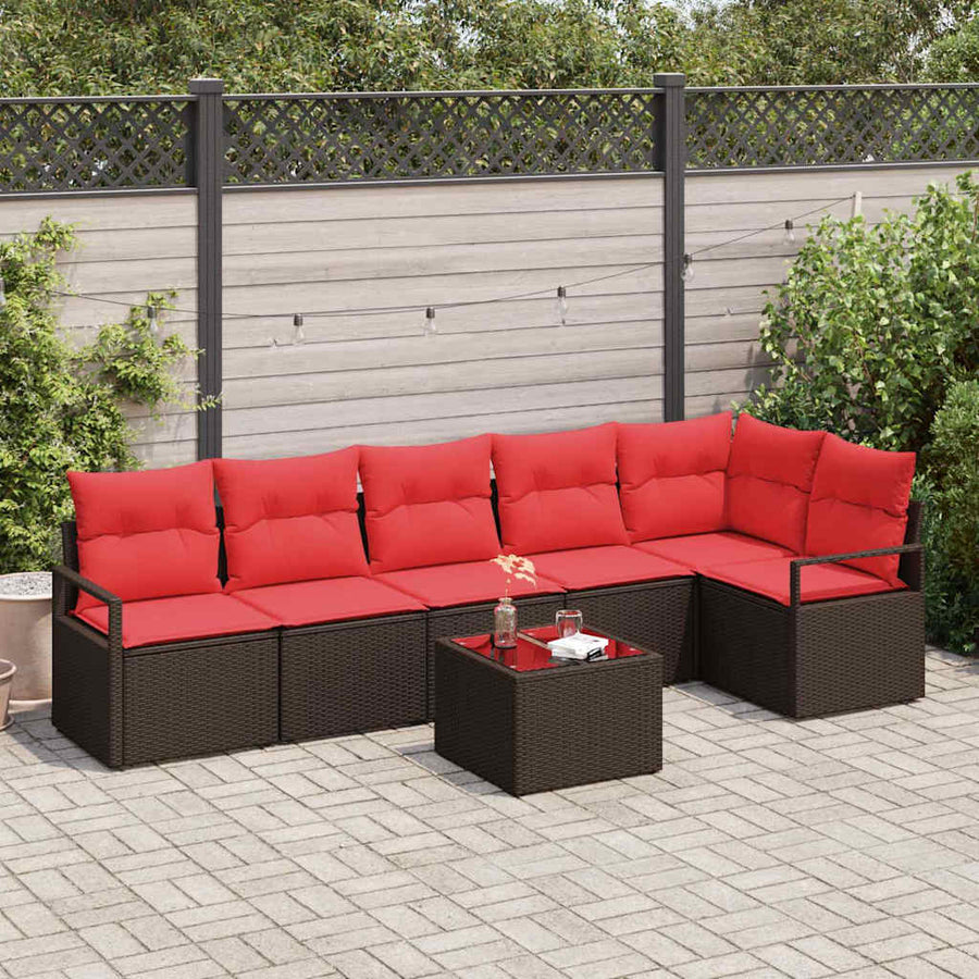 Tuinbankenset met kussen 7 pcs Bruin en Rood poly rattan