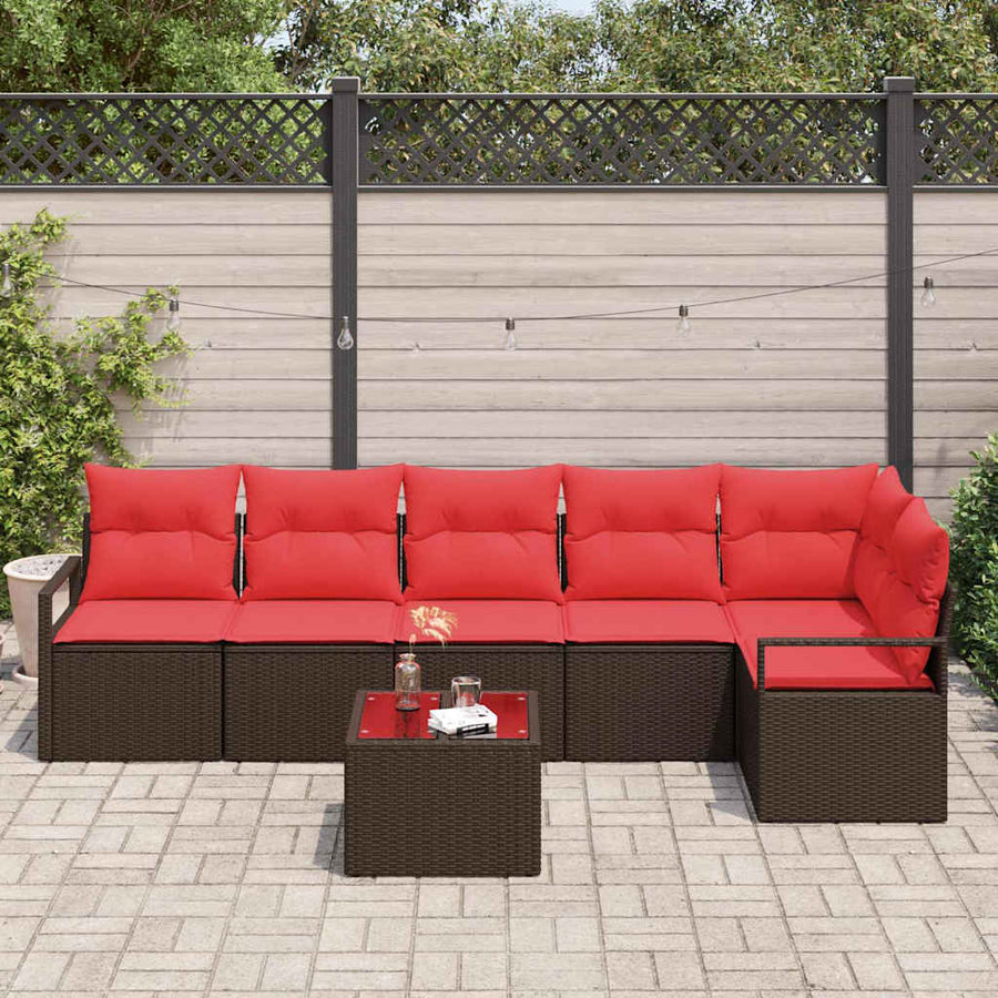 Tuinbankenset met kussen 7 pcs Bruin en Rood poly rattan