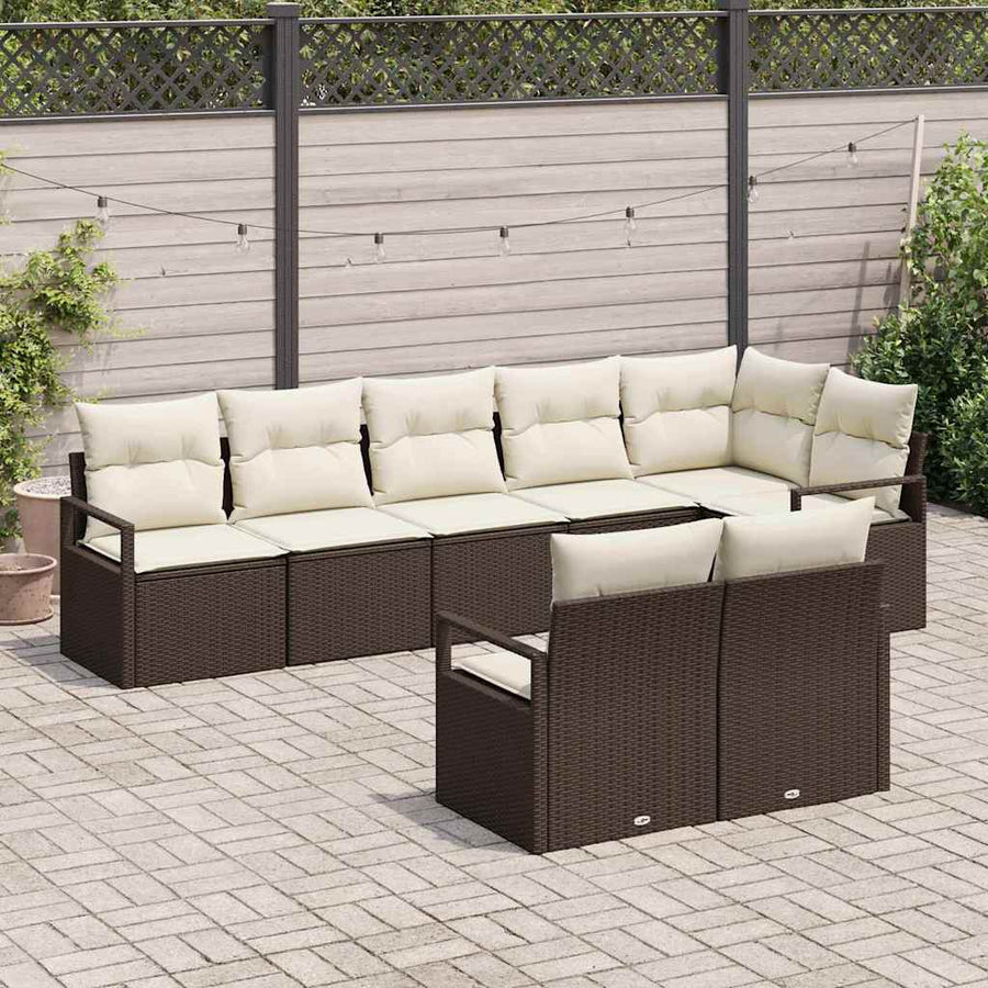 Tuinbankenset met kussen 8 pcs Bruin en wit poly rattan
