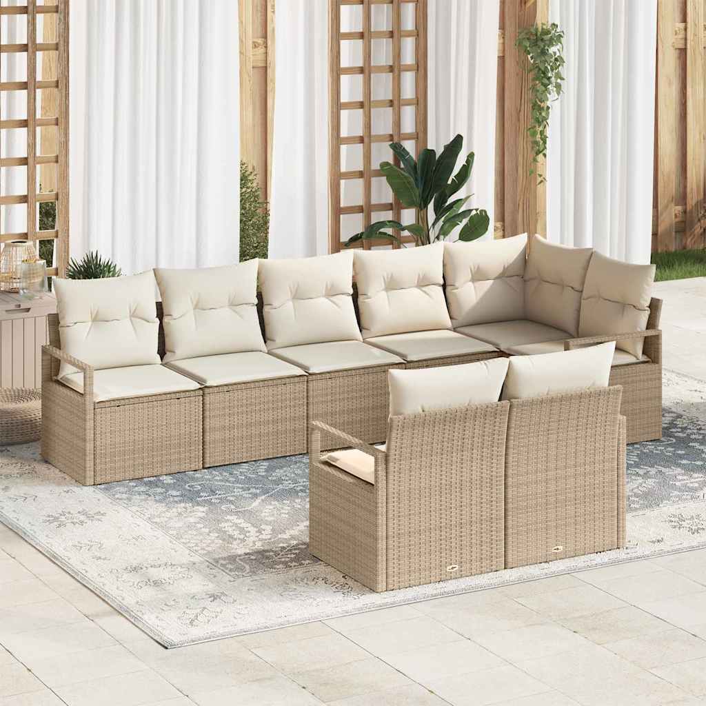 Tuinbankenset met kussen 8 pcs Beige en Wit poly rattan