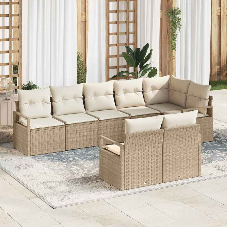 Tuinbankenset met kussen 8 pcs Beige en Wit poly rattan