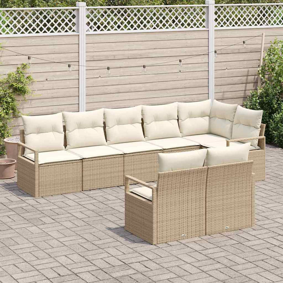 Tuinbankenset met kussen 8 pcs Beige en Wit poly rattan