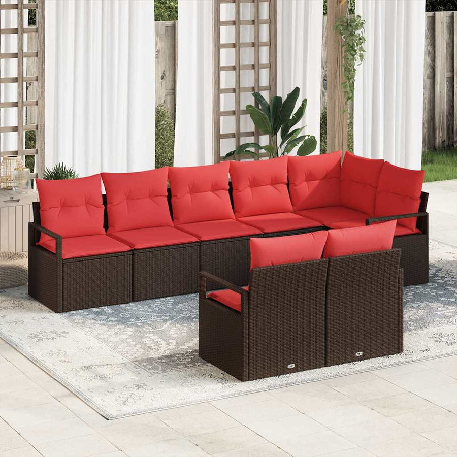 Tuinbankenset met kussen 8 pcs Bruin en Rood poly rattan