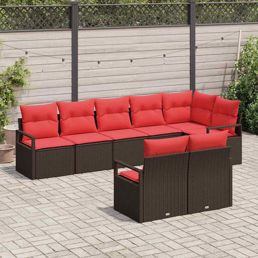 Tuinbankenset met kussen 8 pcs Bruin en Rood poly rattan