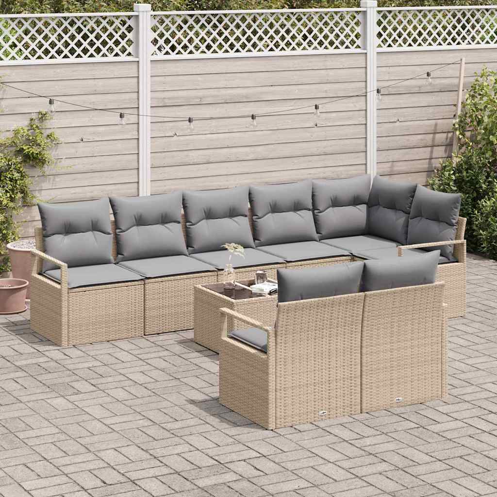 Tuinbankenset Met Kussen 9 Pcs En Licht Grijs Poly Rattan beige en lichtgrijs met tafel
