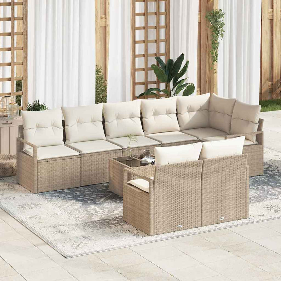 Tuinbankenset met kussen 9 pcs Beige en Crème poly rattan
