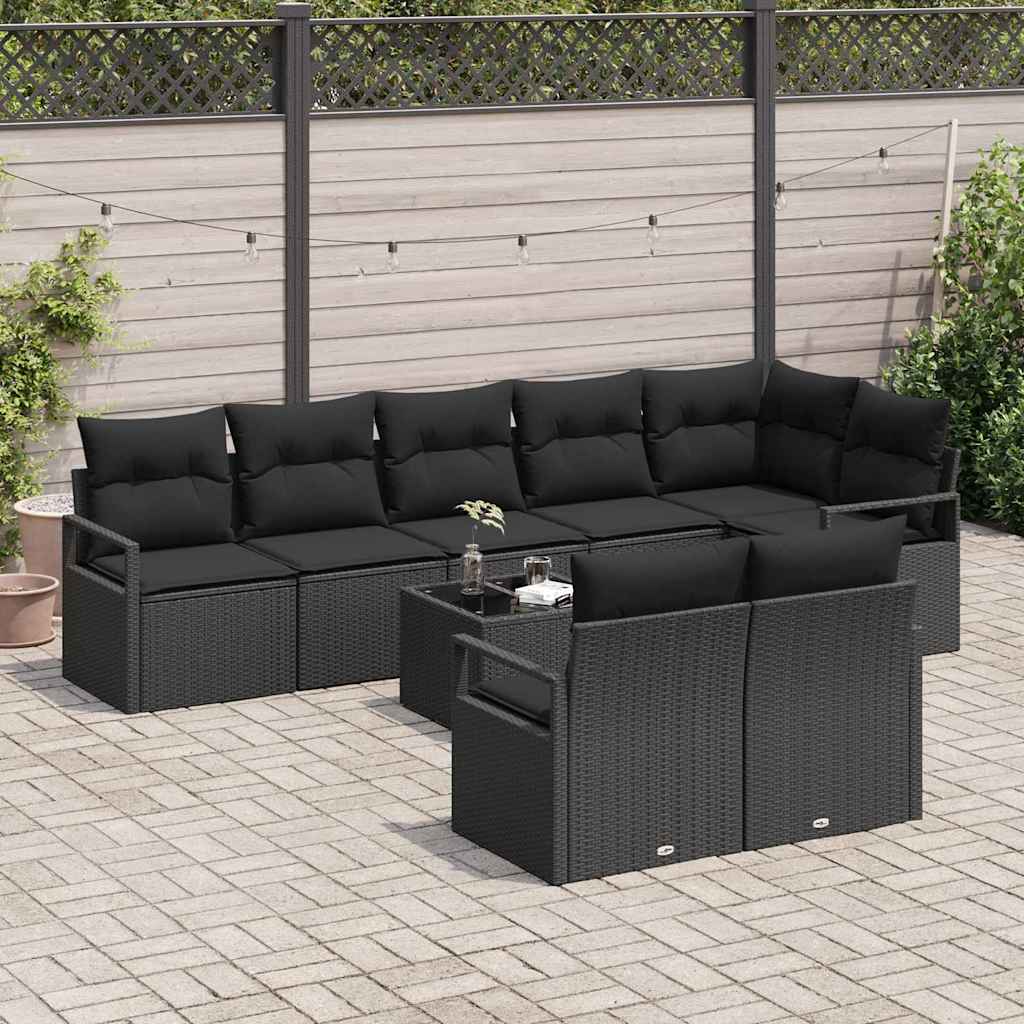 Tuinbankenset met kussen met opslag 9 pcs Zwart poly rattan