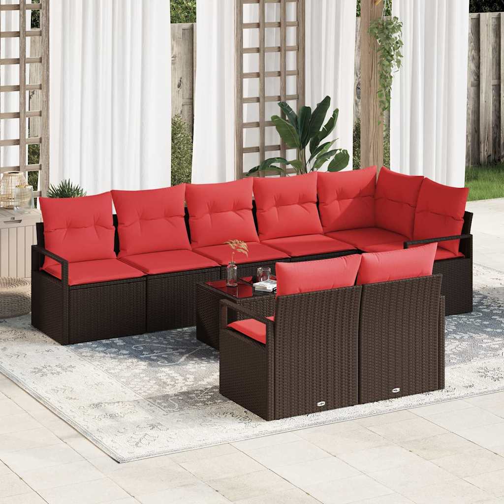 Tuinbankenset met kussen 9 pcs Bruin en Rood poly rattan