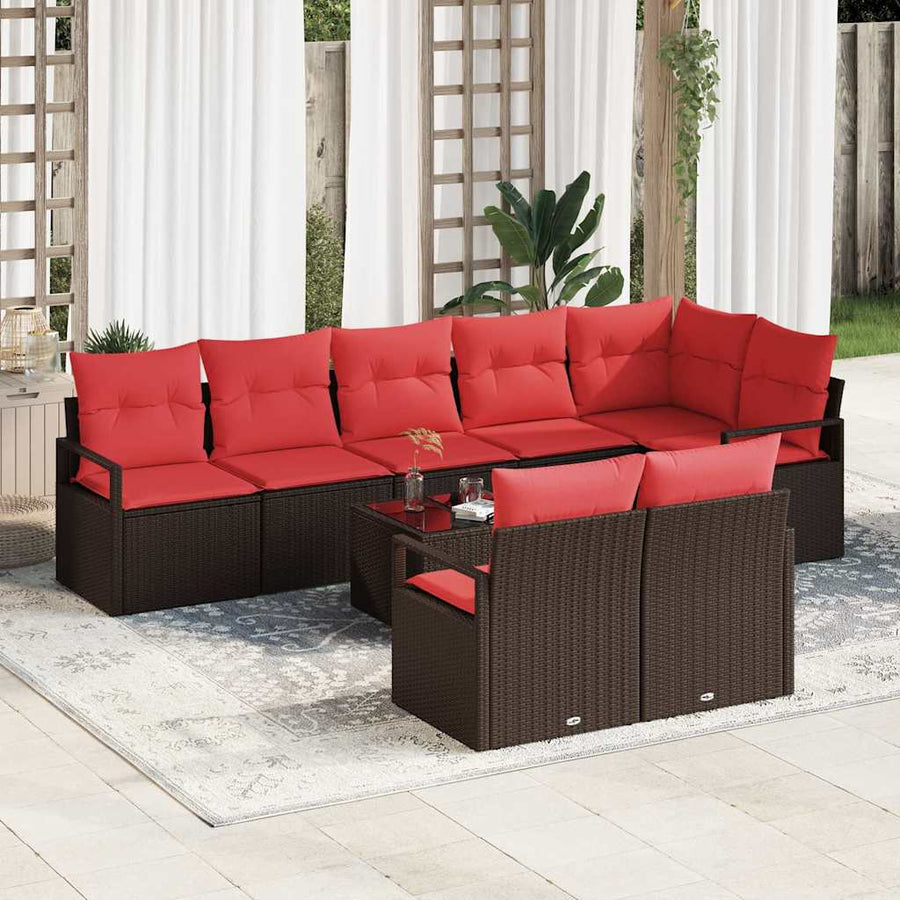Tuinbankenset met kussen 9 pcs Bruin en Rood poly rattan