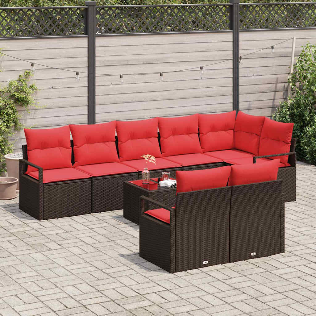Tuinbankenset met kussen 9 pcs Bruin en Rood poly rattan