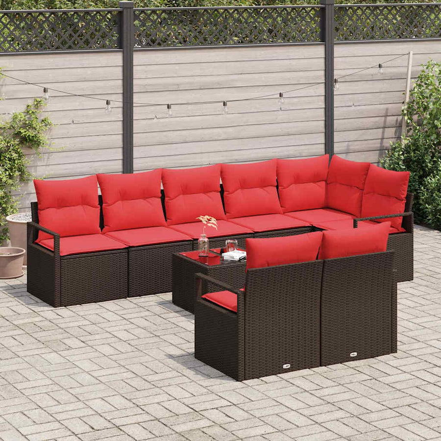 Tuinbankenset met kussen 9 pcs Bruin en Rood poly rattan