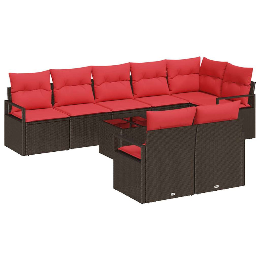 Tuinbankenset met kussen 9 pcs Bruin en Rood poly rattan