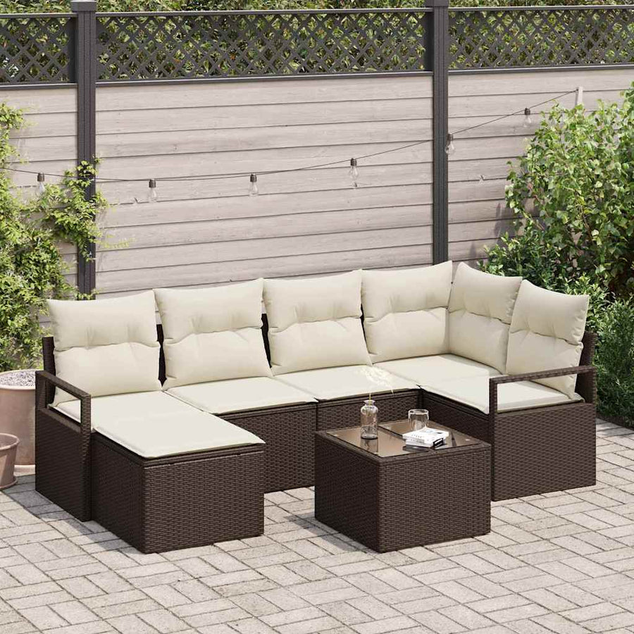 Bankstel met kussen met opslag 7 pcs Bruin en Crème poly rattan