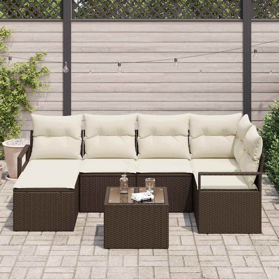 Bankstel met kussen met opslag 7 pcs Bruin en Crème poly rattan