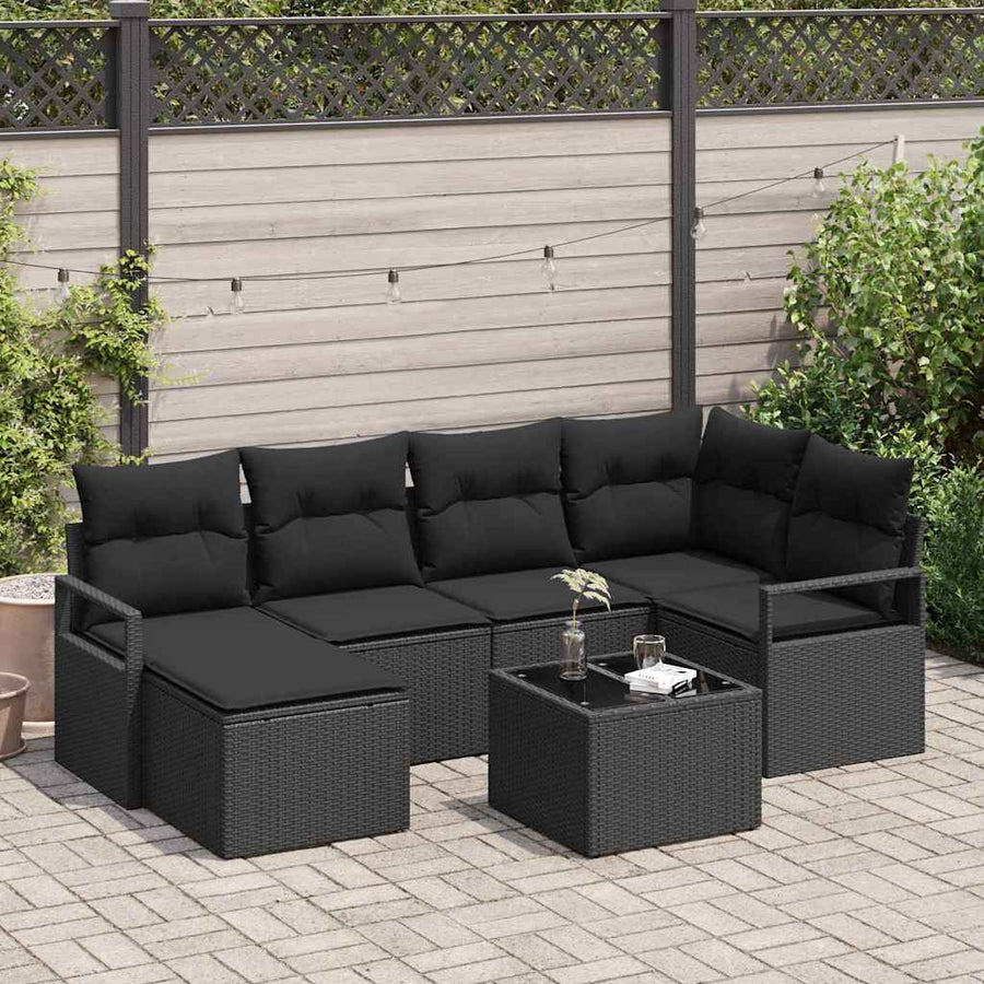 Bankstel met kussen met opslag 7 pcs Zwart poly rattan