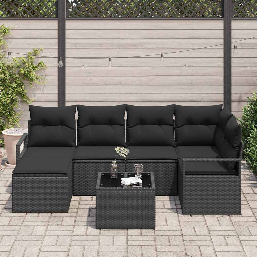 Bankstel met kussen met opslag 7 pcs Zwart poly rattan