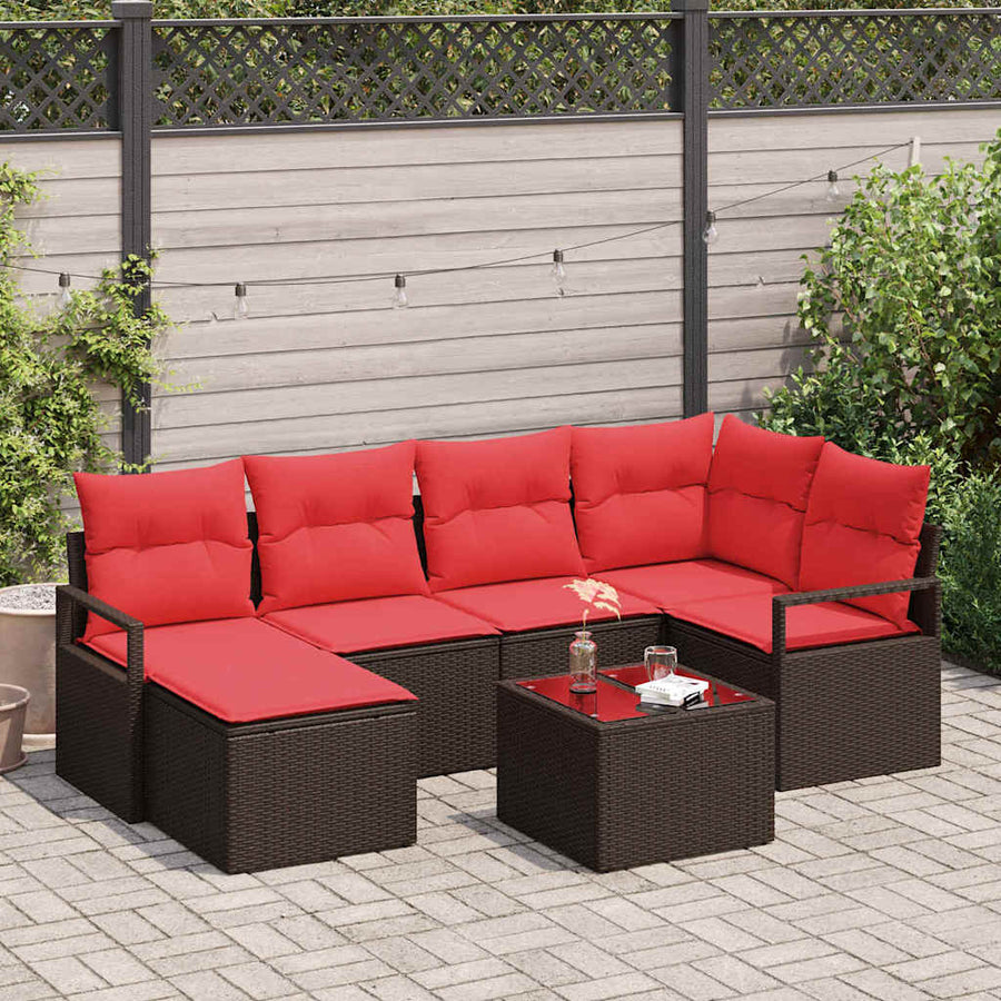 Bankstel met kussen met opslag 7 pcs Bruin en Rood poly rattan