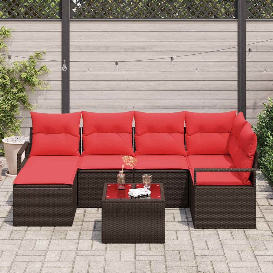 Bankstel met kussen met opslag 7 pcs Bruin en Rood poly rattan