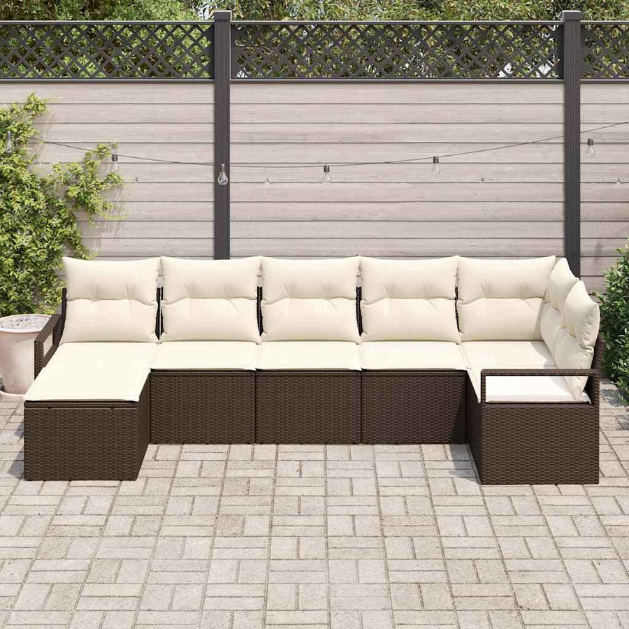 Bankstel met kussen met opslag 7 pcs Bruin en Crème poly rattan