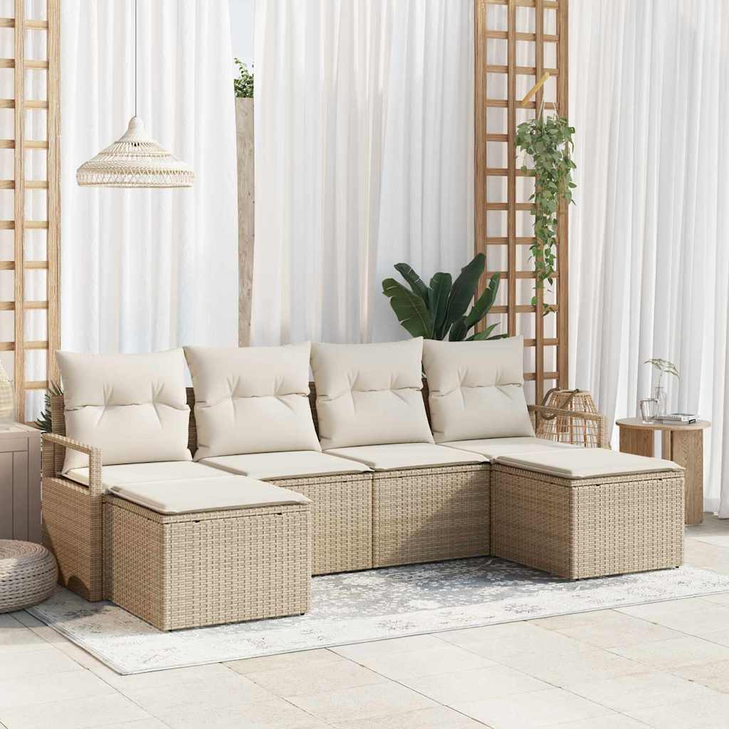 Bankstel met kussen met opslag 6 pcs Beige en Crème poly rattan