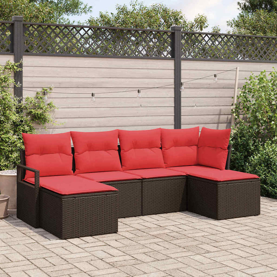 Bankstel met kussen met opslag 6 pcs Bruin en Rood poly rattan