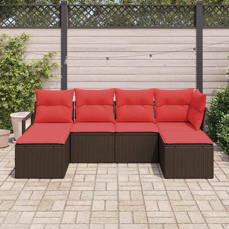 Bankstel met kussen met opslag 6 pcs Bruin en Rood poly rattan