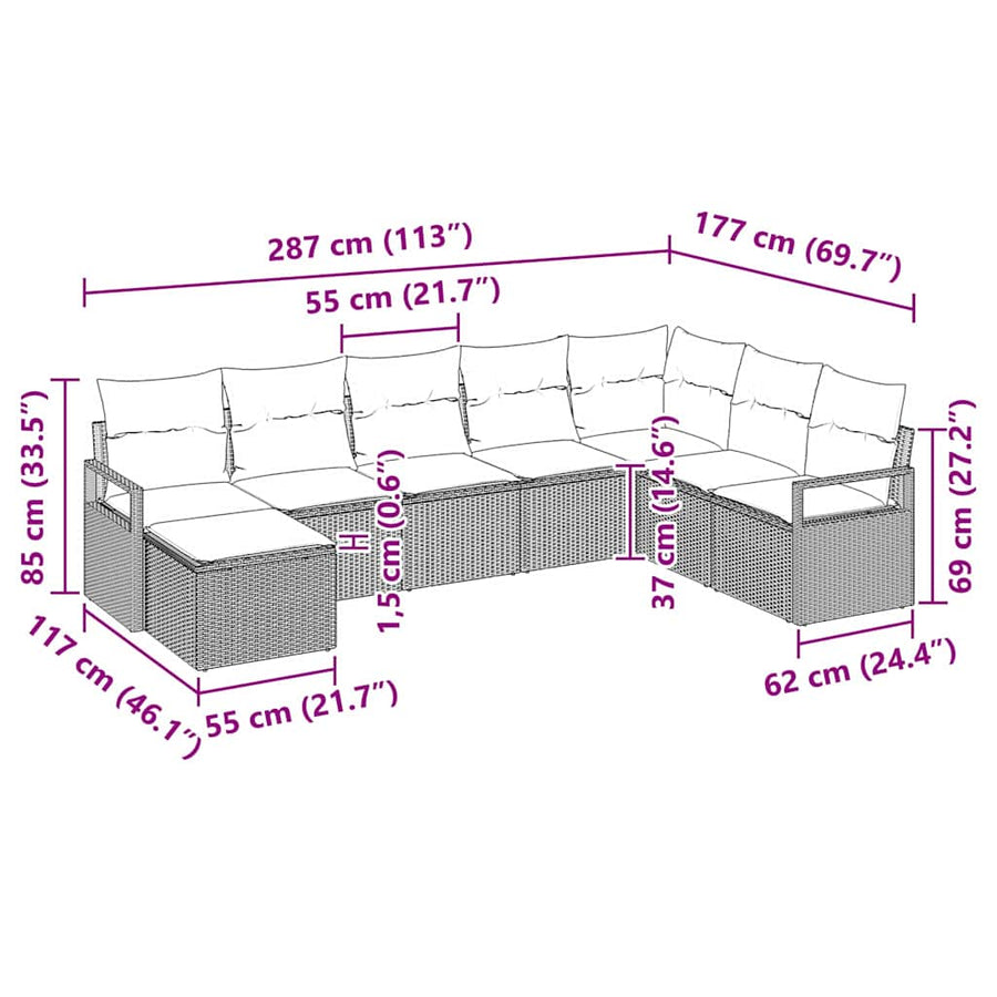 Bankstel met kussen met opslag 8 pcs Grijs poly rattan