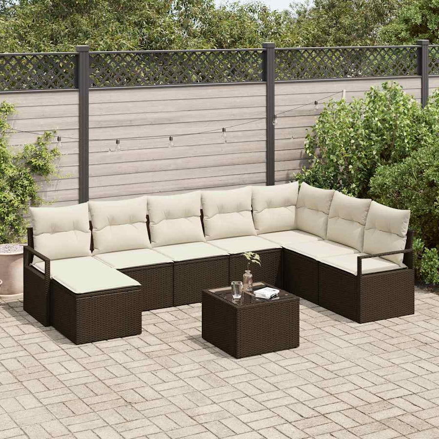 Bankstel met kussen met opslag 9 pcs Bruin en Crème poly rattan