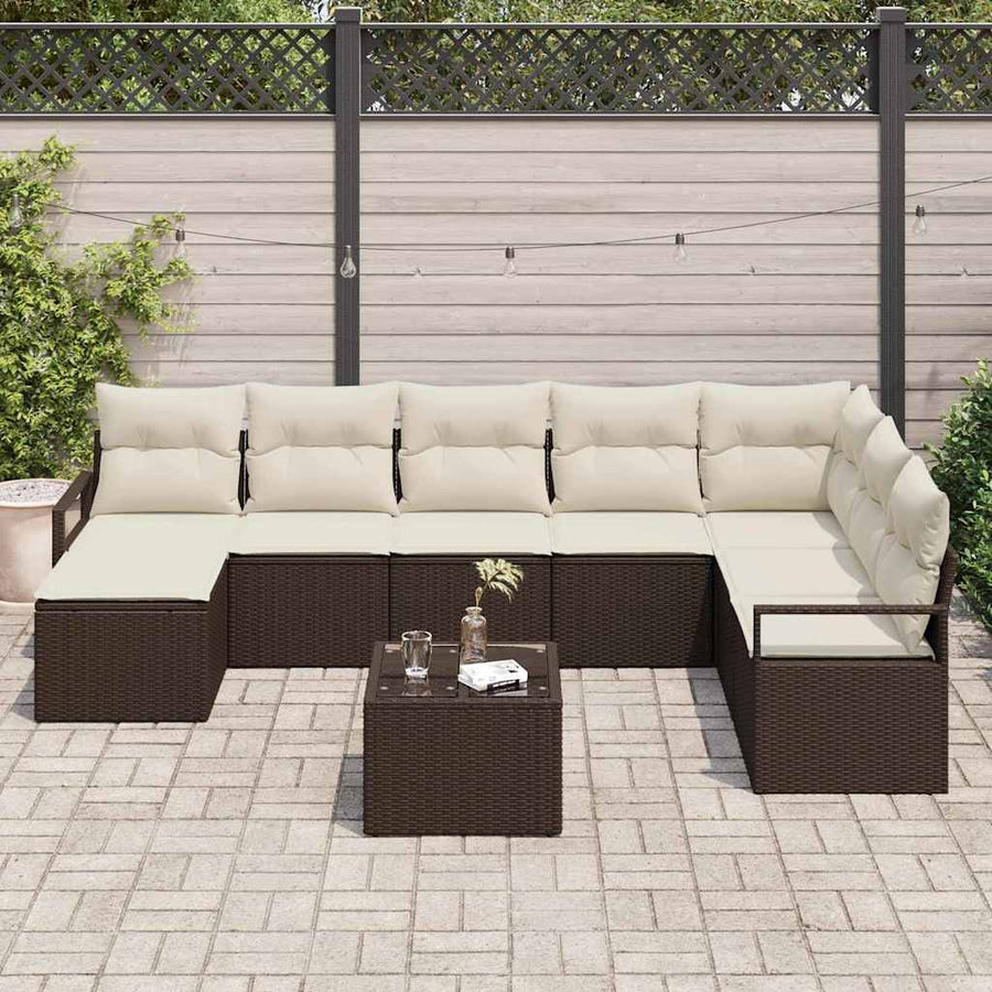 Bankstel met kussen met opslag 9 pcs Bruin en Crème poly rattan