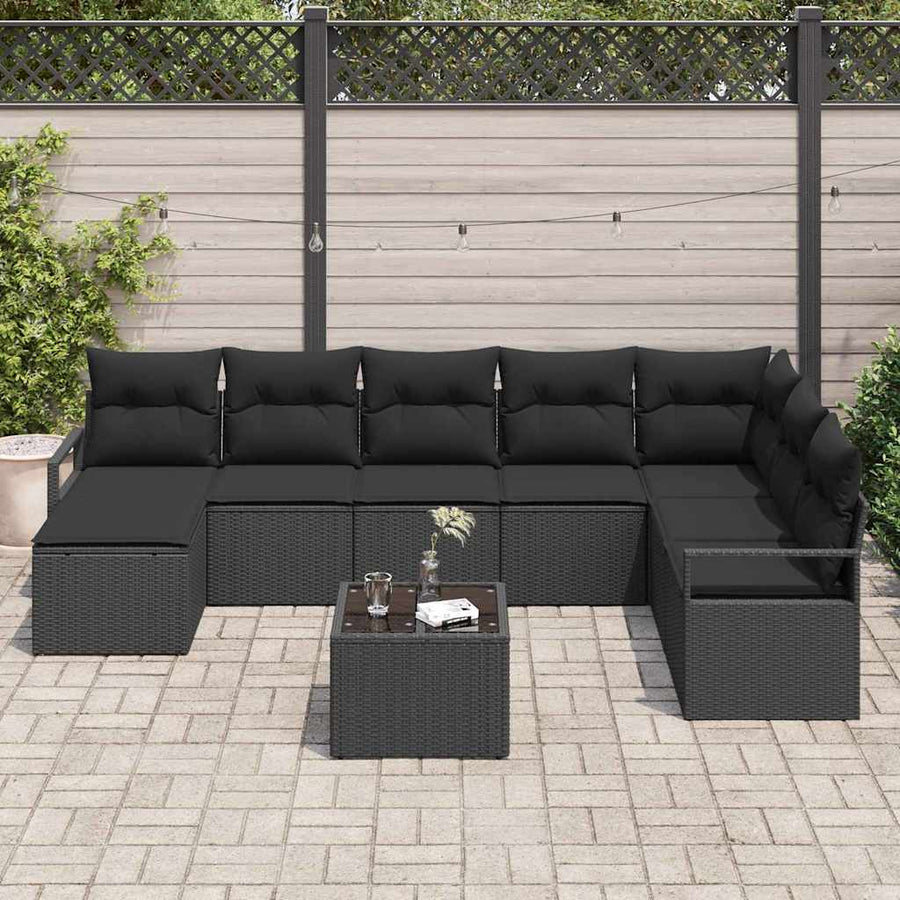 Bankstel met kussen met opslag 9 pcs Zwart poly rattan