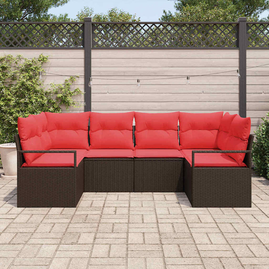 Tuinbankenset met kussen 6 pcs Bruin en Rood poly rattan