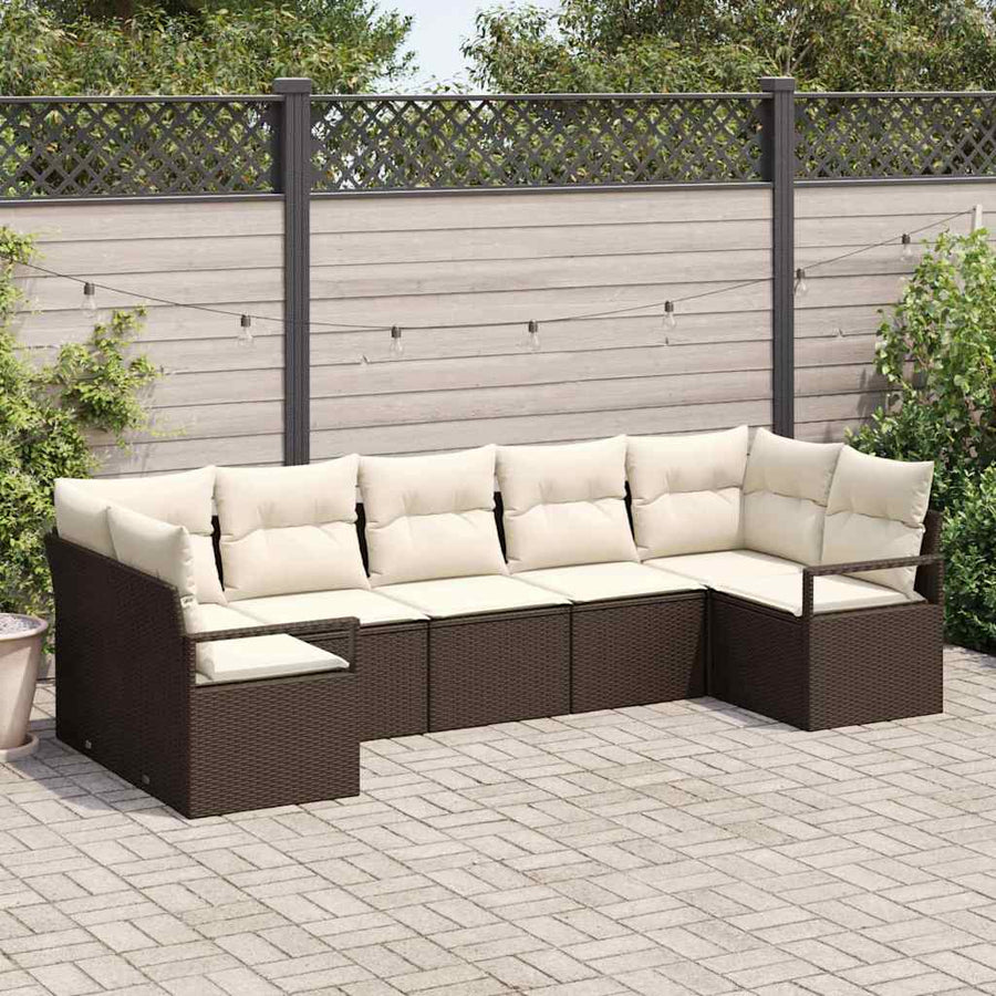 Tuinbankenset met kussen 7 pcs Bruin en wit poly rattan
