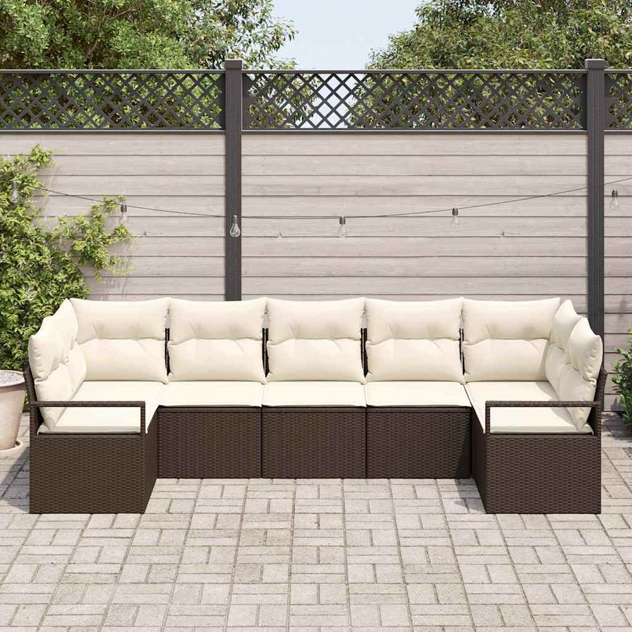 Tuinbankenset met kussen 7 pcs Bruin en wit poly rattan