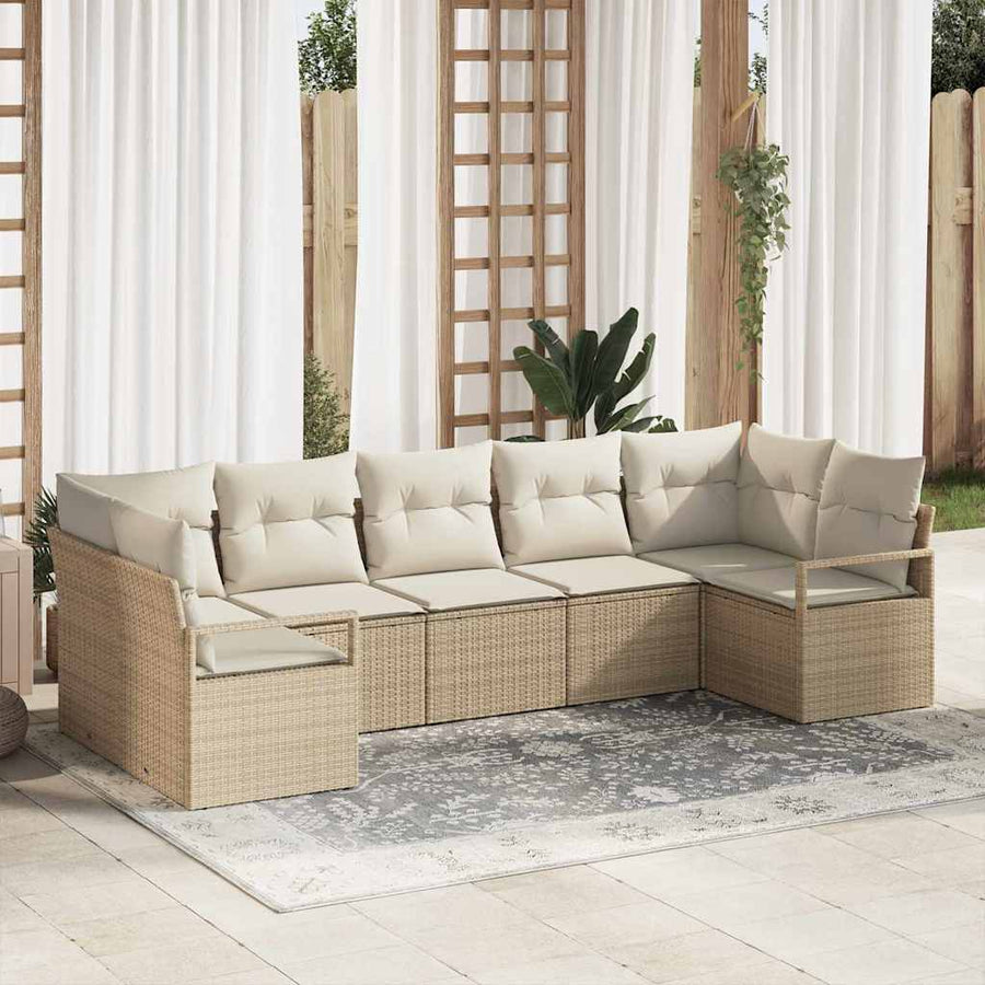 Tuinbankenset met kussen 7 pcs Beige en Wit poly rattan