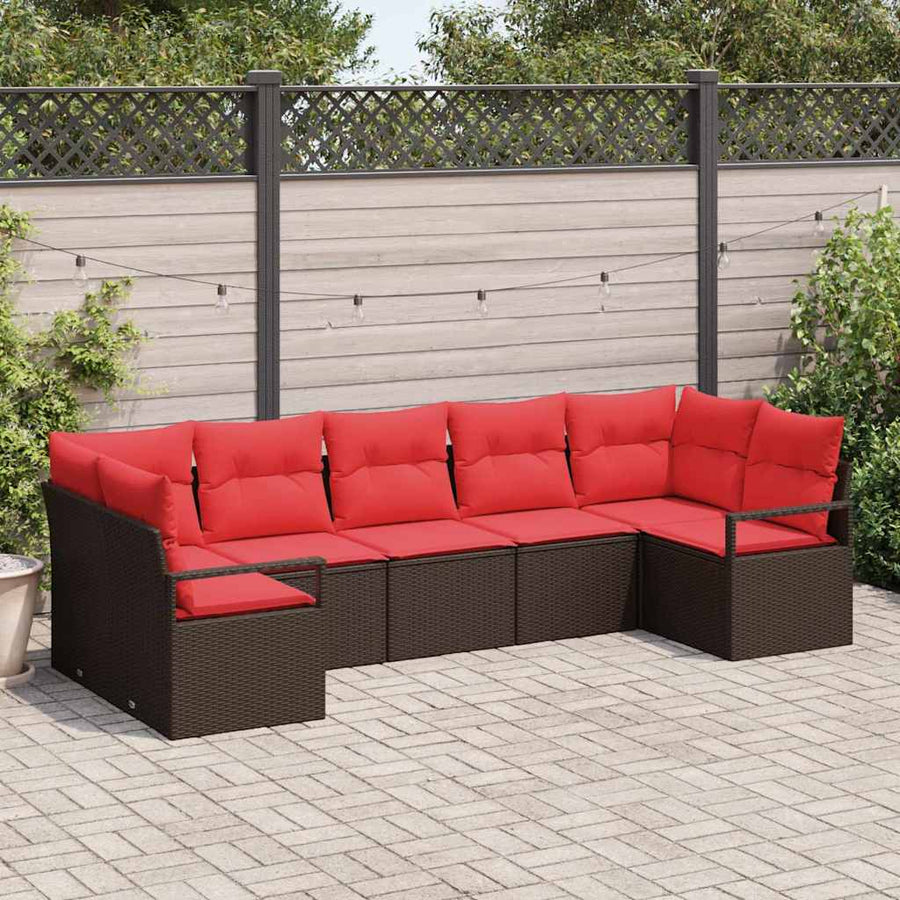 Tuinbankenset met kussen 7 pcs Bruin en Rood poly rattan