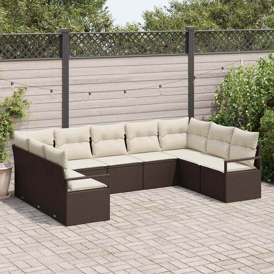 Tuinbankenset met kussen 9 pcs Bruin en wit poly rattan