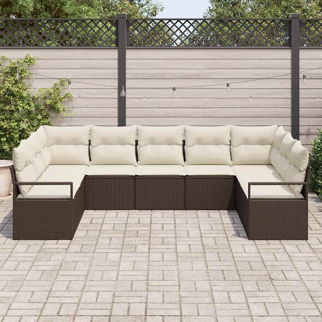 Tuinbankenset met kussen 9 pcs Bruin en wit poly rattan