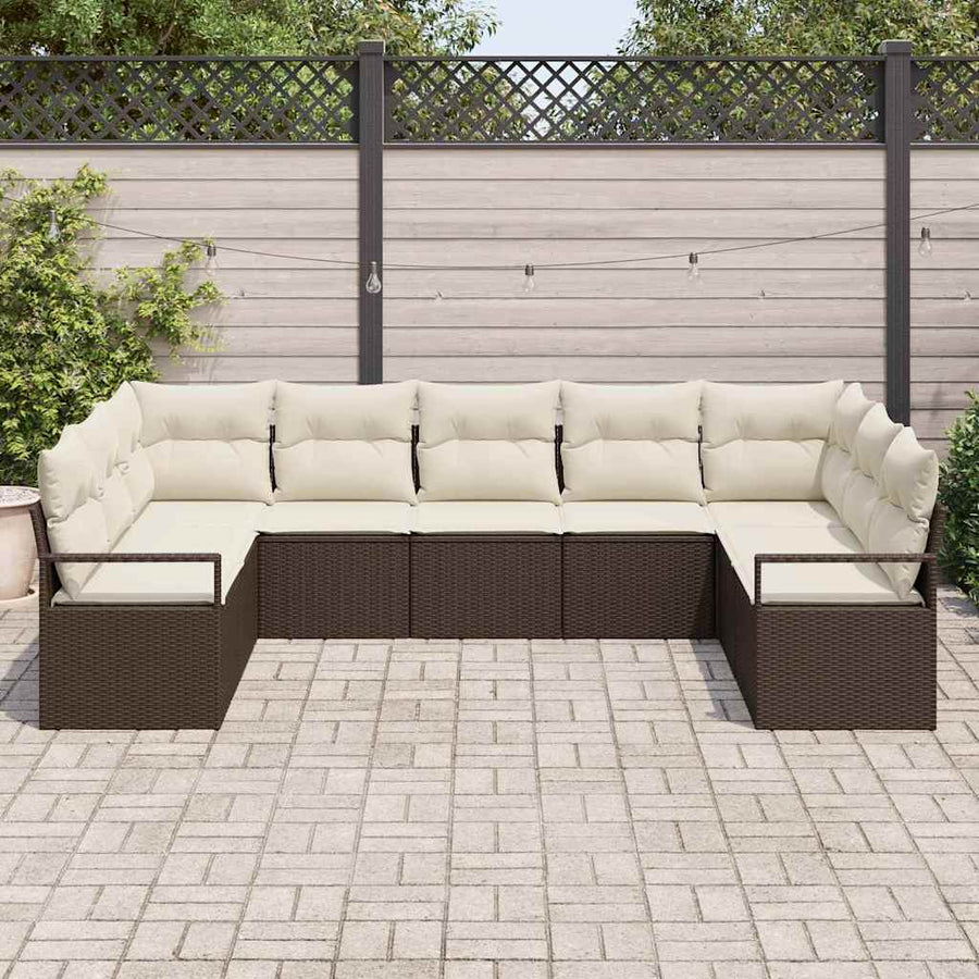 Tuinbankenset met kussen 9 pcs Bruin en wit poly rattan