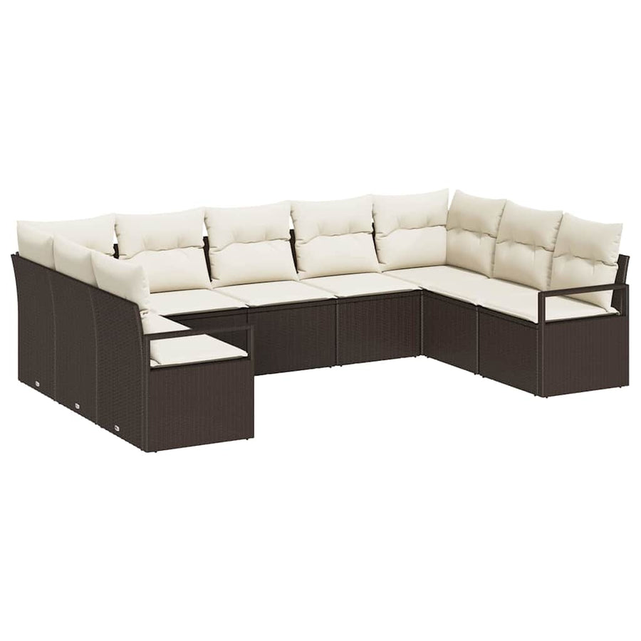 Tuinbankenset met kussen 9 pcs Bruin en wit poly rattan